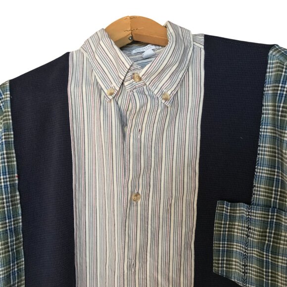 Mixed Prints Button-Down Shirt, Size L to XL: Upcycled Unisex Patchwork Boho Top - Picture 4 of 15